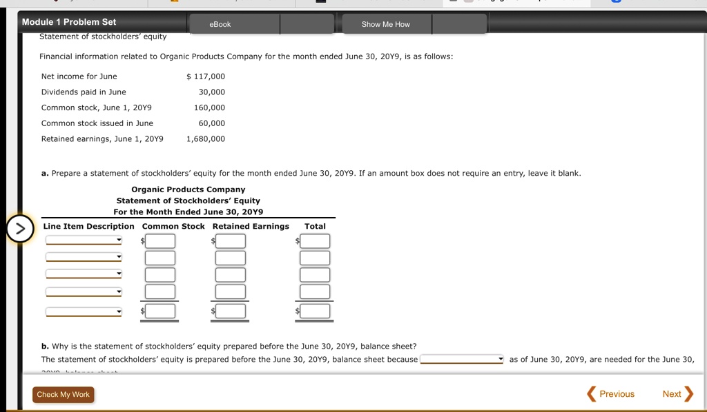 module 1 problem set statement of stockholders equity financial information related to organic products company for the month ended june 30 20y9 is as follows net income for june 117000 divi 23641