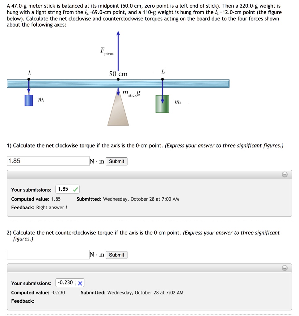 SOLVED: A 47.0 g meter stick is balanced at its midpoint (50.0 cm zero ...