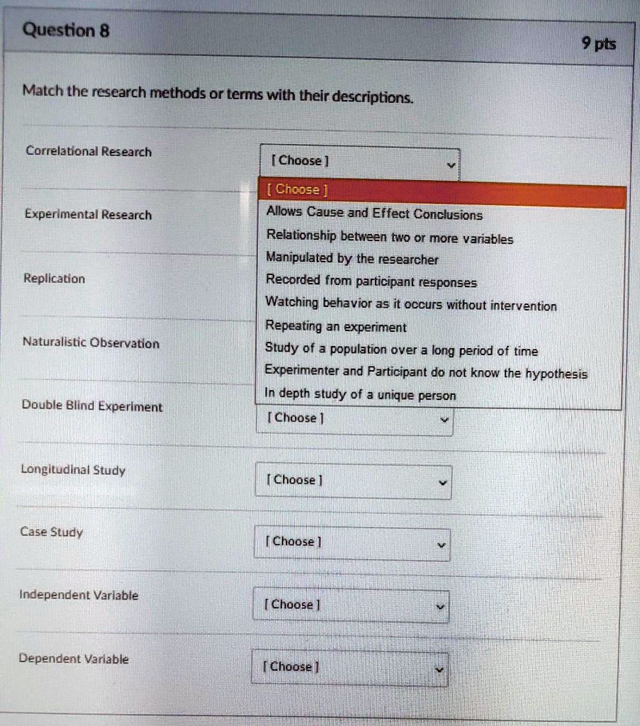 Question 20 Match the research methods or terms with their ...