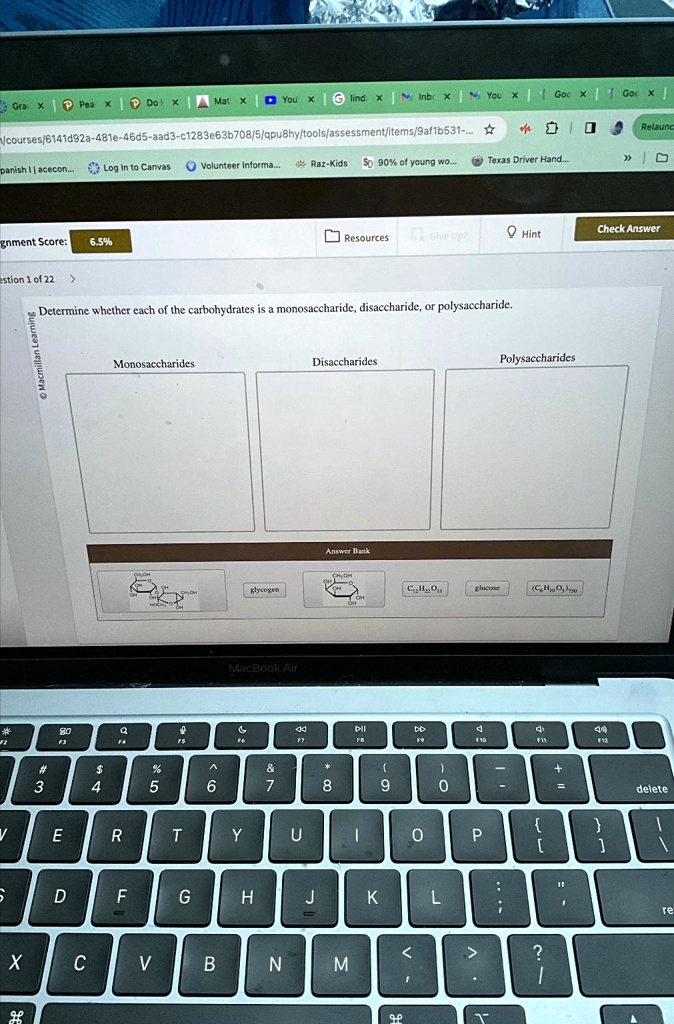 Determine whether each of the carbohydrates is a monosaccharide, disaccharide, or polysaccharide.
Monosaccharides
Disaccharides
Polysaccharides
Answer Bank
glycogen
C12H22O11
glucose
(C6H10O5)50
