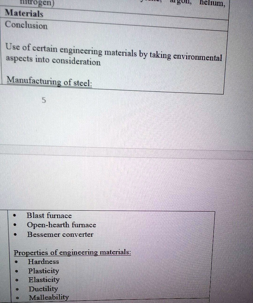 nitrogen)
Materials
Conclusion
Use of certain engineering materials by taking environmental
aspects into consideration
Manufacturing of steel:
5
• Blast furnace
• Open-hearth furnace
• Bessemer converter
Properties of engineering materials:
• Hardness
• Plasticity
• Elasticity
• Ductility
• Malleability