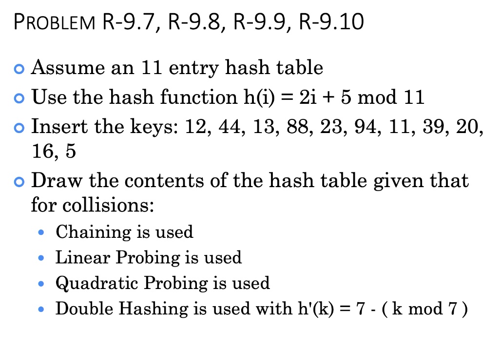 PROBLEM R-9.7, R-9.8, R-9.9, R-9.10 • Assume an 11 entry hash table ...