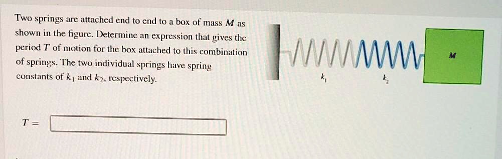 SOLVED: Two springs are attached cnd to end to a box of mass M as shown ...