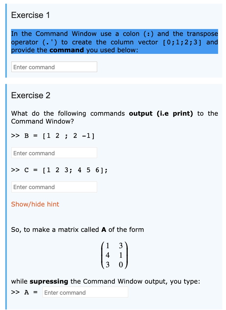 SOLVED Exercise 1 In the Command Window use the colon and