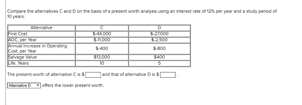 Compare the alternatives C and D on the basis of a present worth analysis using an interest rate of 12% per year and a study period of 10 years.

Alternative | C | D
First Cost | -44,000 |-27,000
AOC, per Year | -11,000 |-2,500
Annual Increase in Operating Cost, per Year | -400 |-800
Salvage Value | 13,000 |400
Life, Years | 10 | 5

The present worth of alternative C is and that of alternative D is.
Alternative D offers the lower present worth.