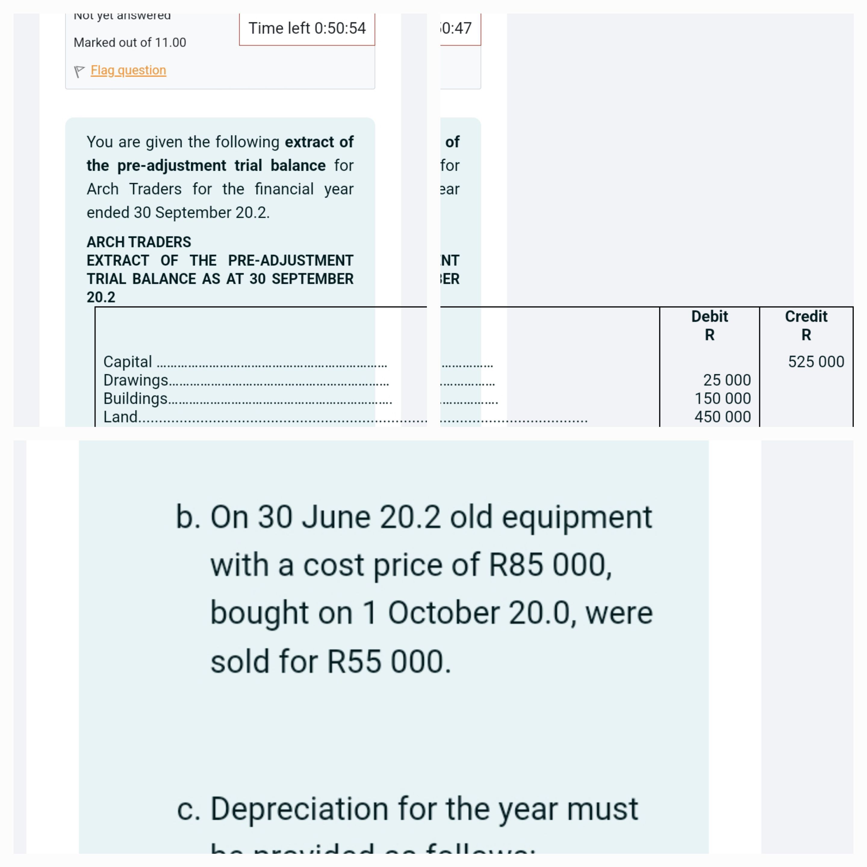 You are given the following extract of the pre-adjustment trial balance for Arch Traders for the financial year ended 30 September 20.2.

ARCH TRADERS
EXTRACT OF THE PRE-ADJUSTMENT TRIAL BALANCE AS AT 30 SEPTEMBER 20.2

| | Debit R | Credit R |
| :— | :—: | :—: |
| Capital ........................................................................................ | | 525 000 |
| Drawings.................................................................................... | 25 000 | |
| Buildings.................................................................................... | 150 000 | |
| Land........................................................................................... | 450 000 | |

b. On 30 June 20.2 old equipment with a cost price of R85 000, bought on 1 October 20.0, were sold for R55 000.

c. Depreciation for the year must