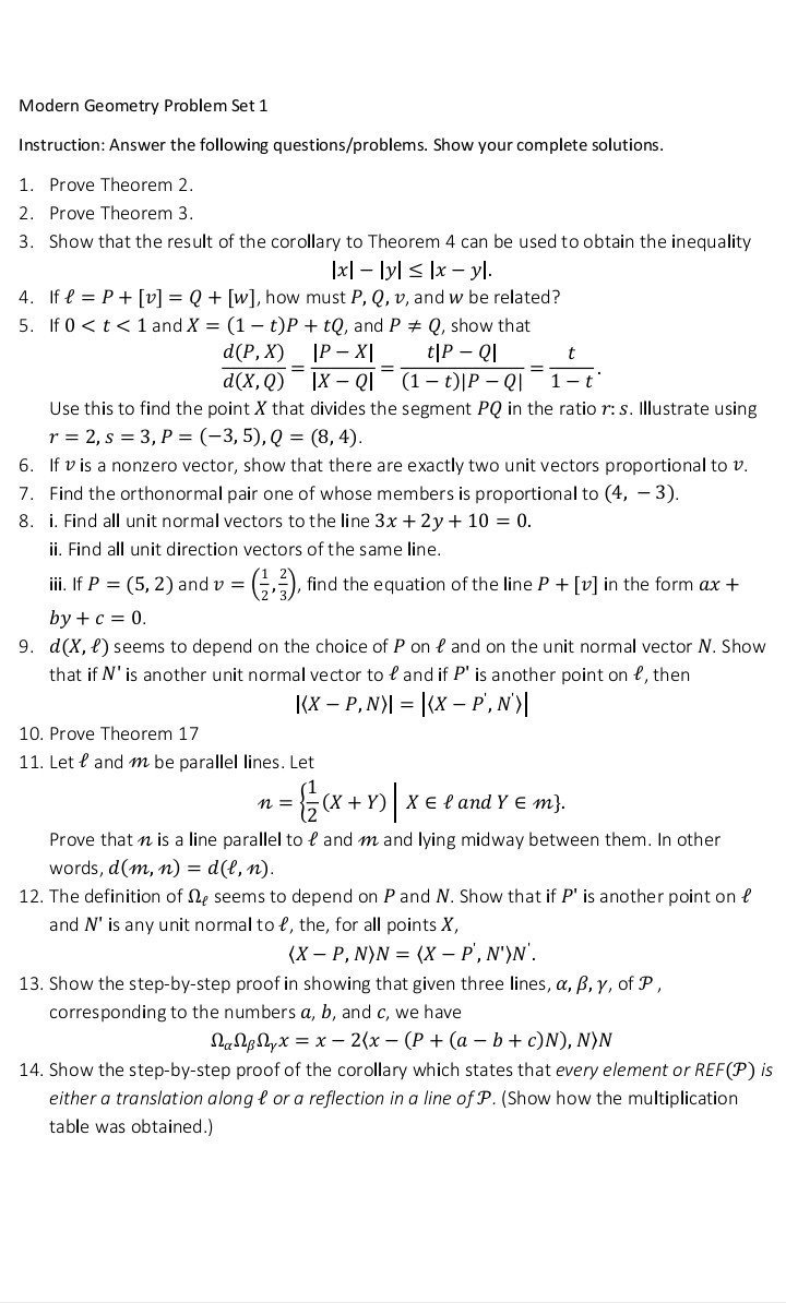 SOLVED Modern Geometry Problem Set 1 Instruction Answer the following