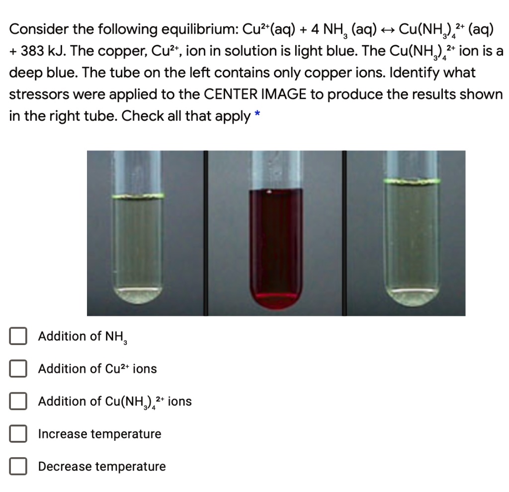 SOLVED Consider the following equilibrium Cu?(aq) +4 NH; (aq) 4 Cu(NH 2+ (aq) 383 kJ. The