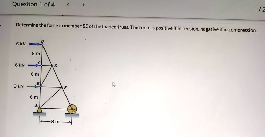 question 1 of 4 2 determine the force in member be of the loaded truss the force is positive if in tension negative if in compression 6 kn d 6 m 6 kn c e 6 m 3 kn b f 6 m a 8 m 35016
