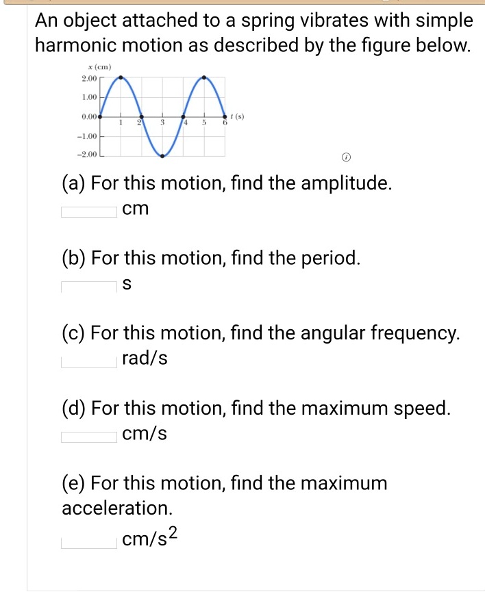 An object attached to a spring vibrates with simple harmonic motion as described by the figure below.
x (cm)
2.00
1.00
0.00
-1.00
-2.00
1 2 3 4 5 6
t (s)
(a) For this motion, find the amplitude.
cm
(b) For this motion, find the period.
s
(c) For this motion, find the angular frequency.
rad/s
(d) For this motion, find the maximum speed.
cm/s
(e) For this motion, find the maximum acceleration.
cm/s^2