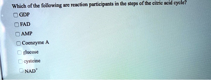 Which of the following are reaction participants in the steps of the citric acid cycle?
GDP
FAD
AMP
Coenzyme A
glucose
cysteine
NAD+