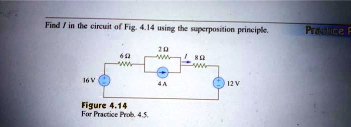 Find I in the circuit of Fig. 4.14 using the superposition principle.