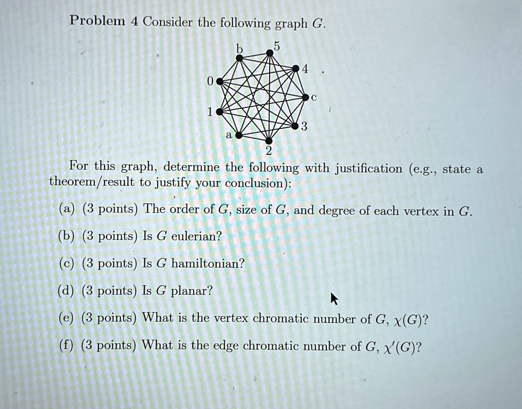 Problem 4 Consider the following graph G.
b
5
4
0
1
a
2
C
For this graph, determine the following with justification (e.g., state a
theorem/result to justify your conclusion):
(a) (3 points) The order of G, size of G, and degree of each vertex in G.
(b) (3 points) Is G eulerian?
(c) (3 points) Is G hamiltonian?
(d) (3 points) Is G planar?
(e) (3 points) What is the vertex chromatic number of G, X(G)?
(f) (3 points) What is the edge chromatic number of G, X'(G)?