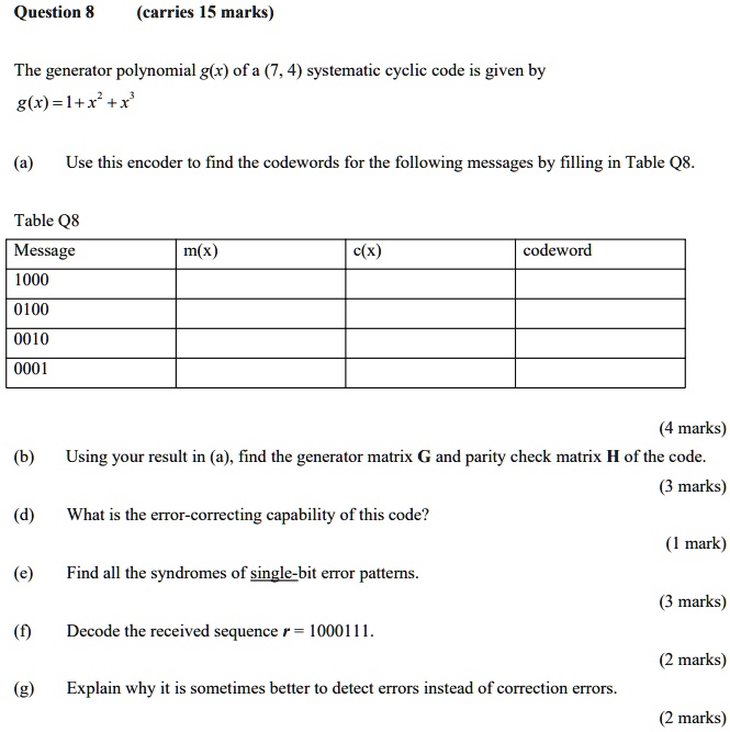 SOLVED Question 8 (carries 15 marks) The generator polynomial g(r) of