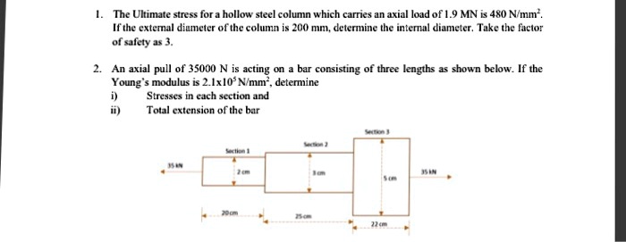 1. The Ultimate stress for a hollow steel column which carries an axial load of 1.9 MN is 480 N/mm². If the external diameter of the column is 200 mm, determine the internal diameter. Take the factor of safety as 3.

2. An axial pull of 35000 N is acting on a bar consisting of three lengths as shown below. If the Young's modulus is 2.1x10? N/mm², determine
i) Stresses in each section and
ii) Total extension of the bar