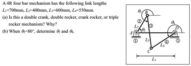 A 4R four bar mechanism has the following link lengths L1=700mm, L2 ...