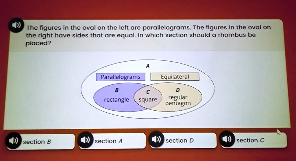 The figures in the oval on the left are parallelograms. The figures in the oval on the right have sides that are equal. In which section should a rhombus be placed?