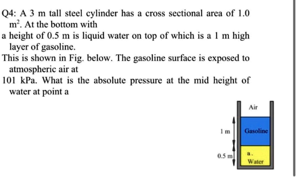 Q4: A 3 m tall steel cylinder has a cross sectional area of 1.0 m^2. At the bottom with a height of 0.5 m is liquid water on top of which is a 1 m high layer of gasoline. This is shown in Fig. below. The gasoline surface is exposed to atmospheric air at 101 kPa. What is the absolute pressure at the mid height of water at point a