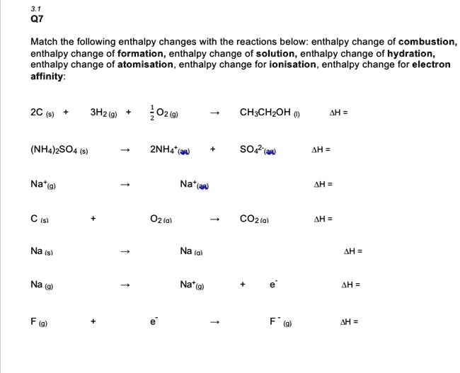 SOLVED: Text: Match the following enthalpy changes with the reactions ...