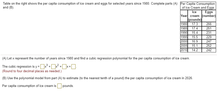 Solved Table On The Right Shows The Per Capita Consumption Of Ice Cream And Eggs For Selected Solved Table On The Right Shows The Per Capita Consumption Of Ice Cream And Eggs For Selected
