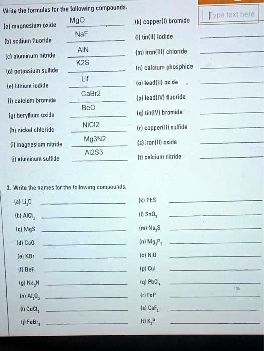 SOLVED Write the formulas for the following compounds MgO (k) copper
