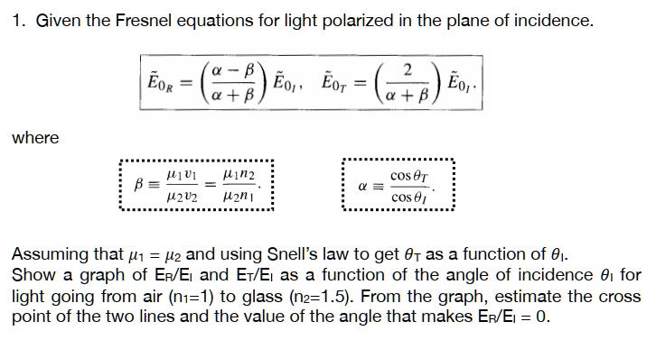 SOLVED: Electrodynamics/Optics 1. Given The Fresnel Eguations For Light ...