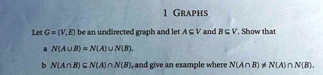 Let G = (V, E) be an undirected graph and let A ? V and B ? V. Show that
a N(A ? B) = N(A) ? N(B).
b N(A ? B) ? N(A) ? N(B), and give an example where N(A ? B) ? N(A) ? N(B).