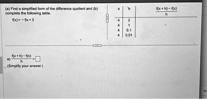 (a) Find a simplified form of the difference quotient and (b) complete the following table.f(x) = -5x+3(f(x+h)-f(x))/(h) = ?(Simplify your answer.)