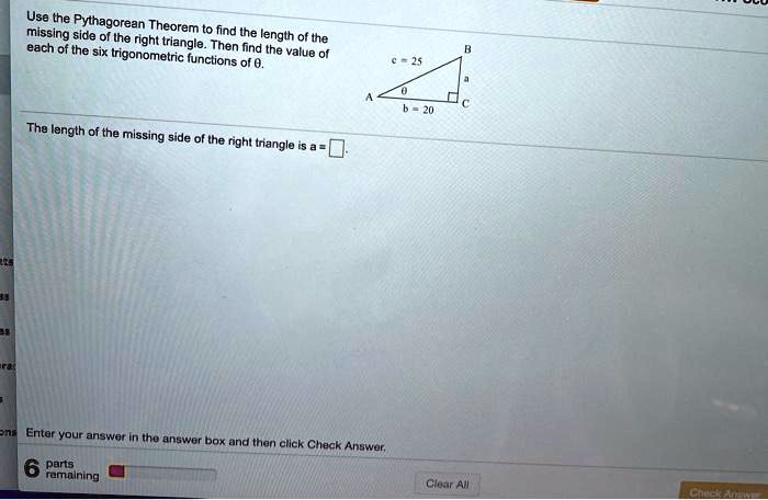 SOLVED:Use the Pythagorean Theorem = missing side of the to find the ...