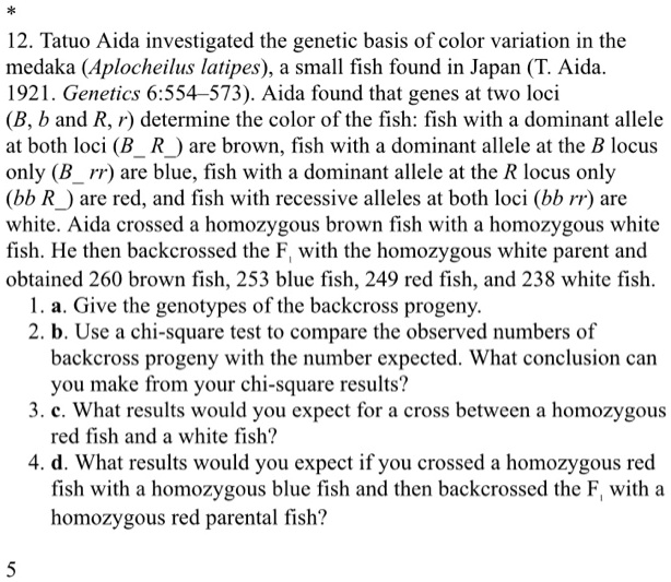 12. Tatuo Aida investigated the genetic basis of color variation in the medaka (Aplocheilus latipes), a small fish found in Japan (T. Aida. 1921. Genetics 6:554–573). Aida found that genes at two loci (B, b and R, r) determine the color of the fish: fish with a dominant allele at both loci (B R) are brown, fish with a dominant allele at the B locus only (B rr) are blue, fish with a dominant allele at the R locus only (bb R) are red, and fish with recessive alleles at both loci (bb rr) are white. Aida crossed a homozygous brown fish with a homozygous white fish. He then backcrossed the F? with the homozygous white parent and obtained 260 brown fish, 253 blue fish, 249 red fish, and 238 white fish.
1. a. Give the genotypes of the backcross progeny.
2. b. Use a chi-square test to compare the observed numbers of backcross progeny with the number expected. What conclusion can you make from your chi-square results?
3. c. What results would you expect for a cross between a homozygous red fish and a white fish?
4. d. What results would you expect if you crossed a homozygous red fish with a homozygous blue fish and then backcrossed the F? with a homozygous red parental fish?