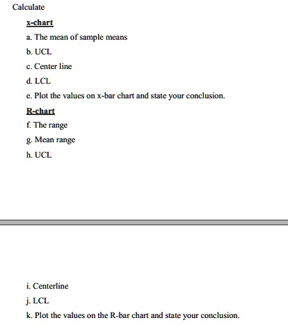 SOLVED: Calculate X-bar Chart: The mean of sample means, UCL, Center ...