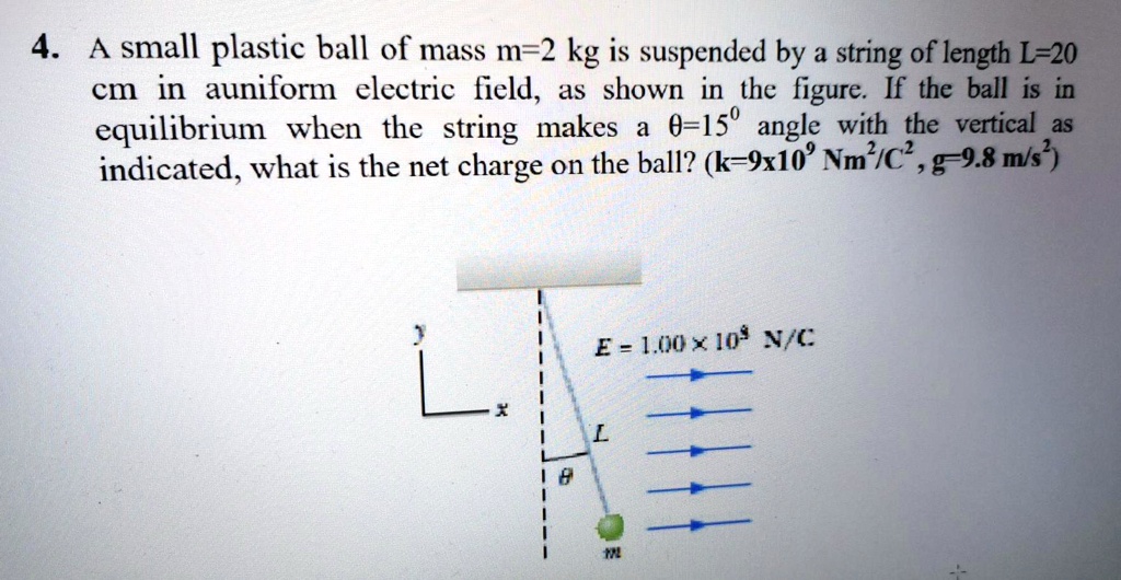 SOLVED A small plastic ball of mass m = 2 kg is suspended by a string