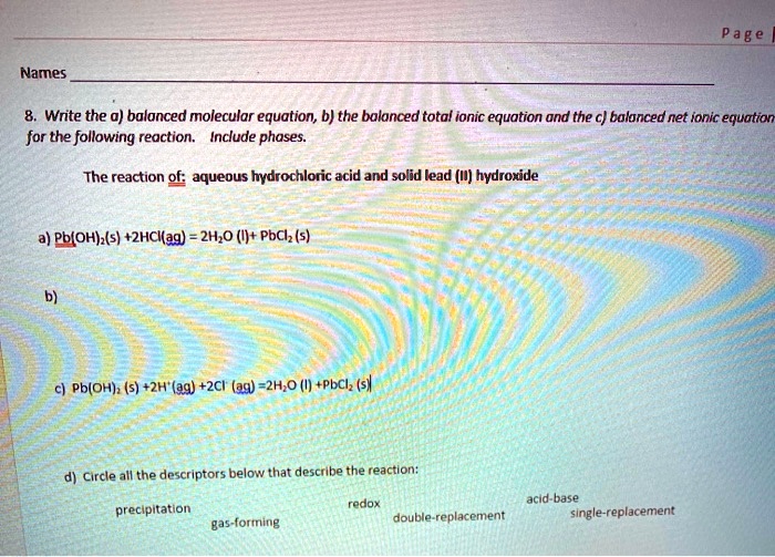 SOLVED Names Write the balanced molecular equation; b) the balanced