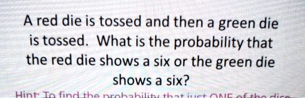A red die is tossed and then a green die is tossed. What is the probability that the red die shows a six or the green die shows a six?