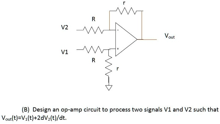 SOLVED: Texts: R V2 Vout V1 (B) Design an op-amp circuit to process two ...