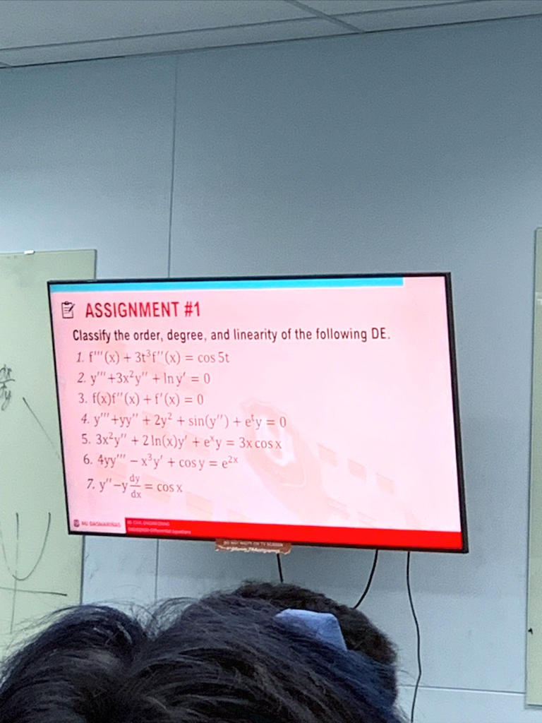 assignment 1 classify the order degree and linearity of the following de 1 fx 3t3fx cos 5t 2 y 3x2y ln y 0 3 fxfx fx 0 4 y yy 2y2 siny ety 0 5 3x2y 2lnxy exy 3x cos x 6 4yy x3y cos y e2x 7 y 26359