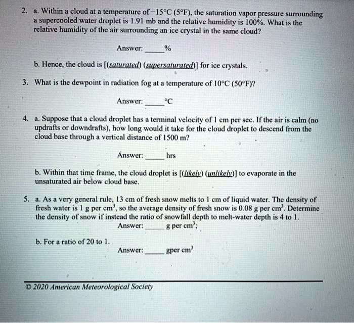 Solved Within Cloud At A Temperature Of 15pc 5pf The Saturation Vapor Pressure Surrounding Supercooled Water Droplet Is 1 91 Mb And The Relative Humidity Is I00 What Is The Relative Humidity Of