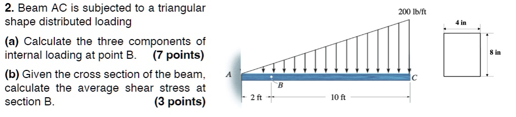2. Beam AC is subjected to a triangular
shape distributed loading
(a) Calculate the three components of
internal loading at point B. (7 points)
(b) Given the cross section of the beam,
calculate the average shear stress at
section B. (3 points)
200 lb/ft
4 in
C
B
2 ft
10 ft
8 in