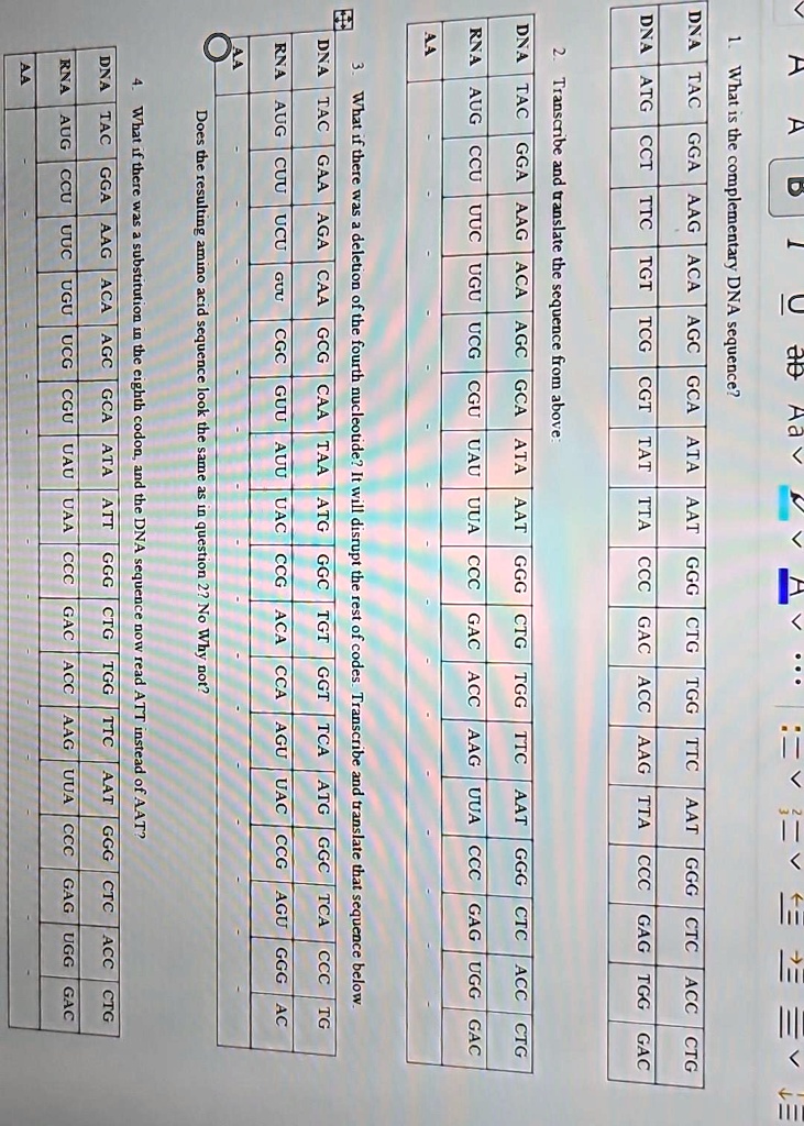 A
ab Aa
...
1. What is the complementary DNA sequence?
DNA TAC GGA AAG ACA AGC GCA ATA AAT GGG CTG TGG TTC AAT
GGG CTC ACC CTG
DNA ATG CCT TTC TGT TCG CGT TAT TTA CCC CCC GAC AC ACC AAG TTA
CCC GAG TGG GAC
2. Transcribe and translate the sequence from above:
DNA TAC GGA AAG ACA AGC GCA ATA AAT GGG CTG TGG TTC AAT GGG CTC
ACC CTG
RNA AUG CCU UUC UGU UCG CGU UAU UUA CCC GAC ACC AAG UUA CCC GAG UGG GAC
AA
3. What if there was a deletion of the fourth nucleotide? It will disrupt the rest of codes. Transcribe and translate that sequence below.
DNA TAC GAA AGA CAA GCG CAA TAA ATG GGC TGT GGT TCA ATG GGC TCA CCC TG
RNA AUG CUU UCU GUU CGC GUU AUU UAC CCG ACA CCA AGU UAC CCG AGU GGG AC
AA
Does the resulting amino acid sequence look the same as in question 2? No Why not?
4. What if there was a substitution in the eighth codon, and the DNA sequence now read ATT instead of AAT?
DNA TAC GGA AAG ACA AGC GCA ATA ATT GGG CTG TGG TTC AAT GGG CTC ACC CTG
RNA AUG CCU UUC UGU UCG CGU UAU UAA CCC GAC ACC AAG UUA CCC GAG UGG GAC
AA