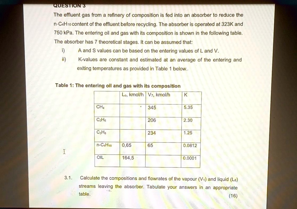 QUESTION 3
The effluent gas from a refinery of composition is fed into an absorber to reduce the
n-C4H10 content of the effluent before recycling. The absorber is operated at 323K and
750 kPa. The entering oil and gas with its composition is shown in the following table.
The absorber has 7 theoretical stages. It can be assumed that:
i) A and S values can be based on the entering values of L and V.
ii) K-values are constant and estimated at an average of the entering and
exiting temperatures as provided in Table 1 below..
Table 1: The entering oil and gas with its composition
Lo, kmol/h V7, kmol/h K
CH4 345 5.35
C2H6 206 2.30
C3H8 234 1.25
n-C4H10 0,65 65 0.0812
OIL 164,5 0.0001
3.1. Calculate the compositions and flowrates of the vapour (V1) and liquid (L8)
streams leaving the absorber. Tabulate your answers in an appropriate
table.
(16)