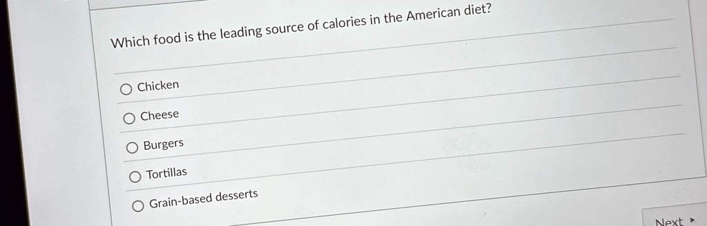which food is the leading source of calories in the american diet o chicken o cheese o burgers o tortillas o grain based desserts 81828