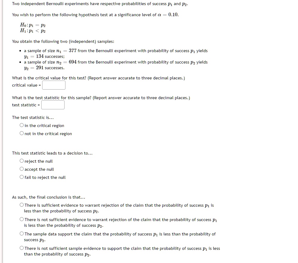 SOLVED: Two independent Bernoulli experiments have respective ...