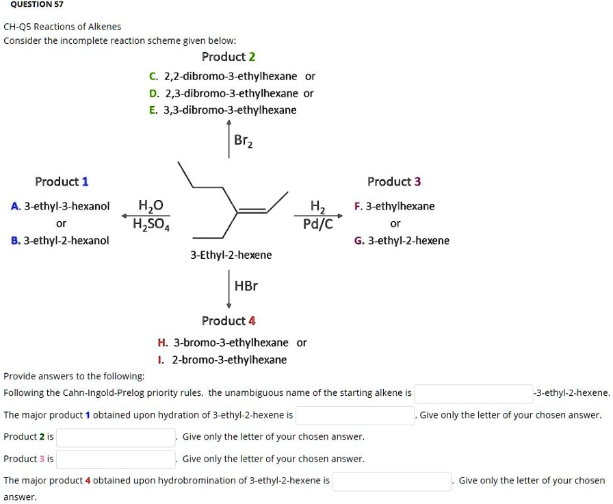 QUESTION 57
CH-Q5 Reactions of Alkenes
Consider the incomplete reaction scheme given below:
Product 1
A. 3-ethyl-3-hexanol or
B. 3-ethyl-2-hexanol
Product 2
C. 2,2-dibromo-3-ethylhexane or
D. 2,3-dibromo-3-ethylhexane or
E. 3,3-dibromo-3-ethylhexane
Product 3
F. 3-ethylhexane or
G. 3-ethyl-2-hexene
Product 4
H. 3-bromo-3-ethylhexane or
I. 2-bromo-3-ethylhexane
3-Ethyl-2-hexene
H2O / H2SO4
Br2
H2 / Pd/C
HBr
Provide answers to the following:
Following the Cahn-Ingold-Prelog priority rules, the unambiguous name of the starting alkene is -3-ethyl-2-hexene.
The major product 1 obtained upon hydration of 3-ethyl-2-hexene is . Give only the letter of your chosen answer.
Product 2 is . Give only the letter of your chosen answer.
Product 3 is . Give only the letter of your chosen answer.
The major product 4 obtained upon hydrobromination of 3-ethyl-2-hexene is . Give only the letter of your chosen answer.