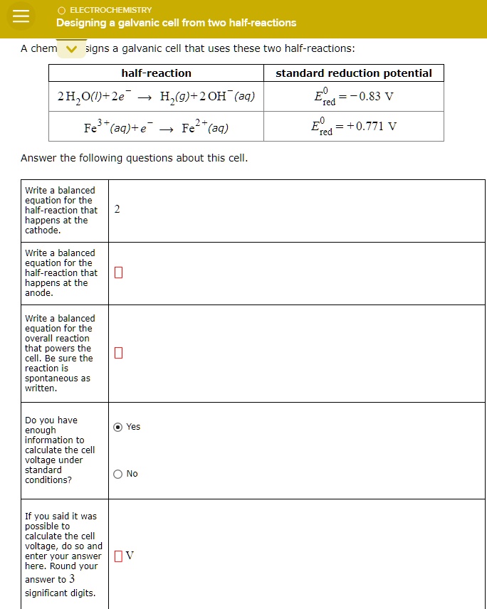 SOLVED ELECTROCHEMISTRY Designing a galvanic cell from two half