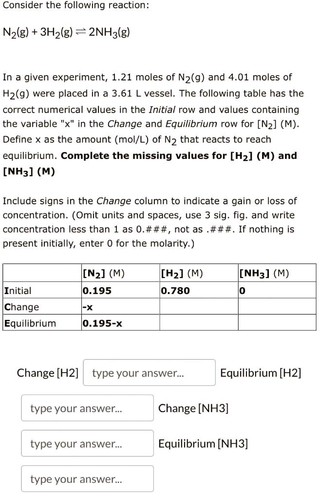 SOLVED Consider the following reaction N2(g) + 3H2(g) = 2NH3(g) In a