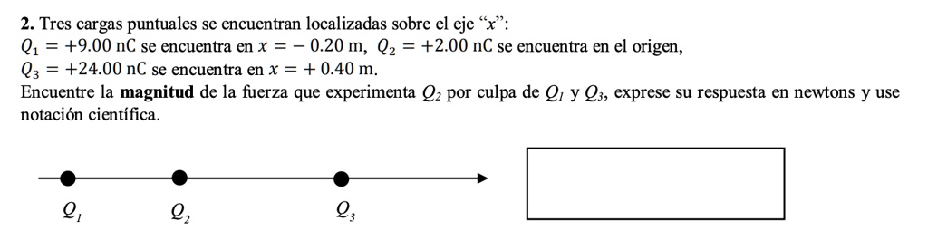 2. Tres cargas puntuales se encuentran localizadas sobre el eje ‘‘x”:
Q1 = +9.00 nC se encuentra en x = ? 0.20 m, Q2 = +2.00 nC se encuentra en el origen,
Q3 = +24.00 nC se encuentra en x = + 0.40 m.
Encuentre la magnitud de la fuerza que experimenta Q2 por culpa de Q1 y Q3, exprese su respuesta en newtons y use notación científica.