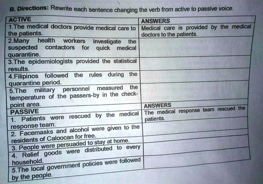 rewrite each sentence changing the verb from active to passive voice b directions rewrite each sentence changing the verb from active to passive voice actve answers tthe medical doctors prov 65082