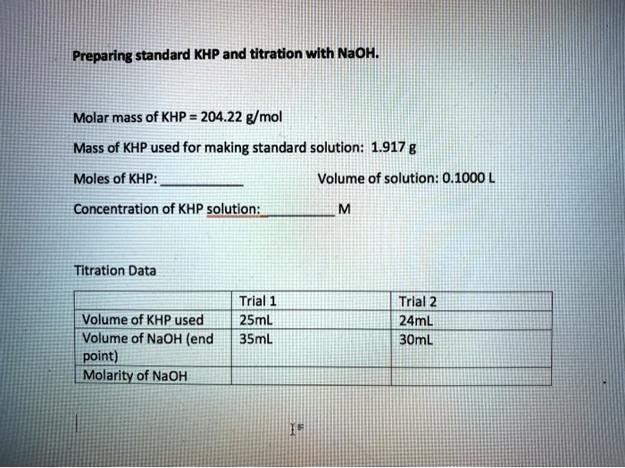 Solved Preparing Standard Khp And Titration With Naoh Molar Mass Of Khp 20422 Gmol Mass Of 