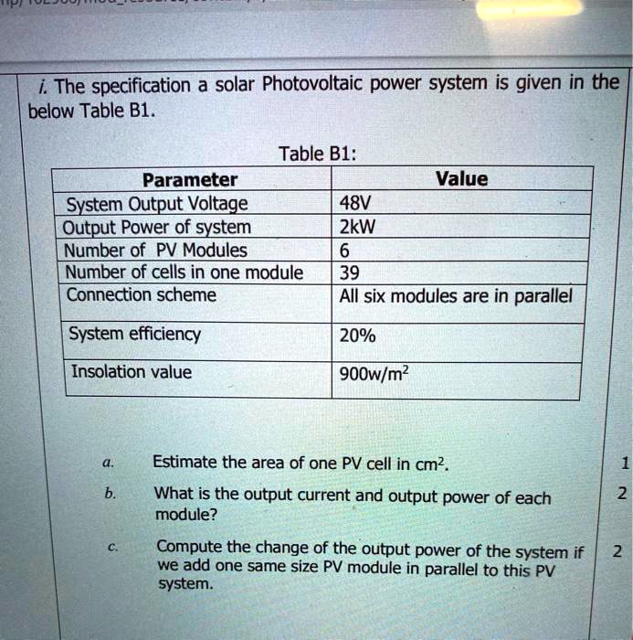 Solar Pv Module Table SOLVED: i. The specification of a solar Photovoltaic power system is ...