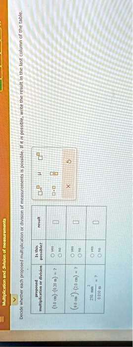 Multiplication and division of measurements
Decide whether each proposed multiplication or division of measurements is possible. If it is possible, write the result in the last column of the table.
proposed
Is this
result
multiplication or division possible?
(30 cm) ·(0.20 m) = ?
yes
no
(90 cm^2) ÷ (20 cm) = ?
yes
no
(250 mm^3)/(0.050 m) = ?
yes
no